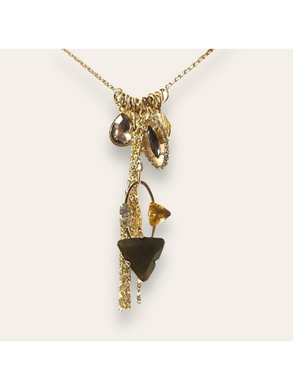 Gold-Tone Multi-Charm Necklace With Chain Tassel & Dangling Crystal Accents